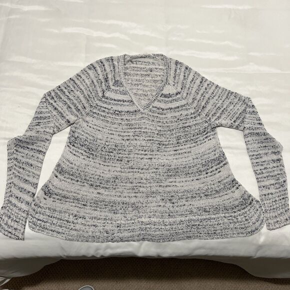 Eileen Fisher Open Knit V-Neck Sweater Size L White Gray Fisherman Coastal FLAW - Picture 1 of 9